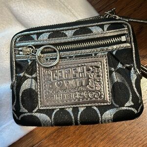 Coach Poppy Black and Silver Signature Canvas Wristlet